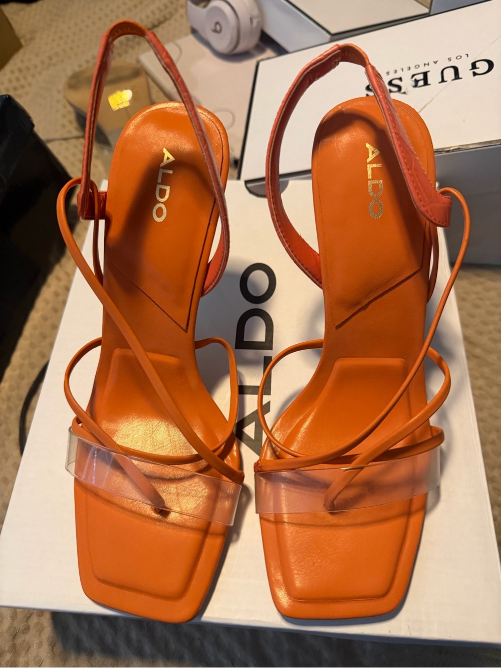 ALDO Orange Strappy Slingback Heels with Clear Toe Strap